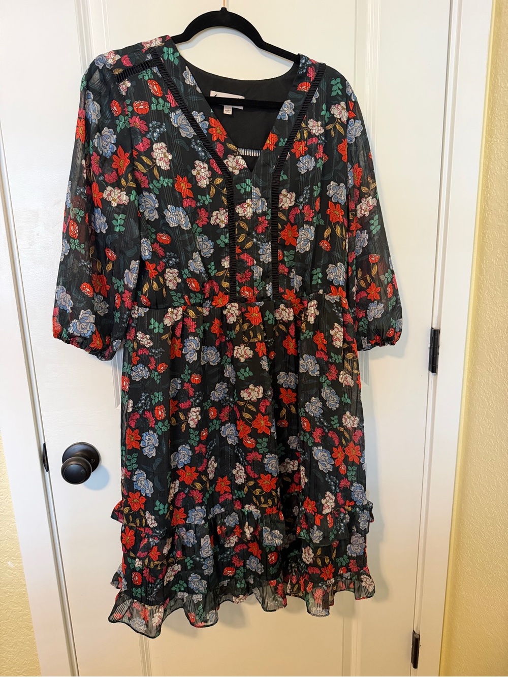 Nanette Lepore Black Floral Tiered Dress with Red & Blue Blooms